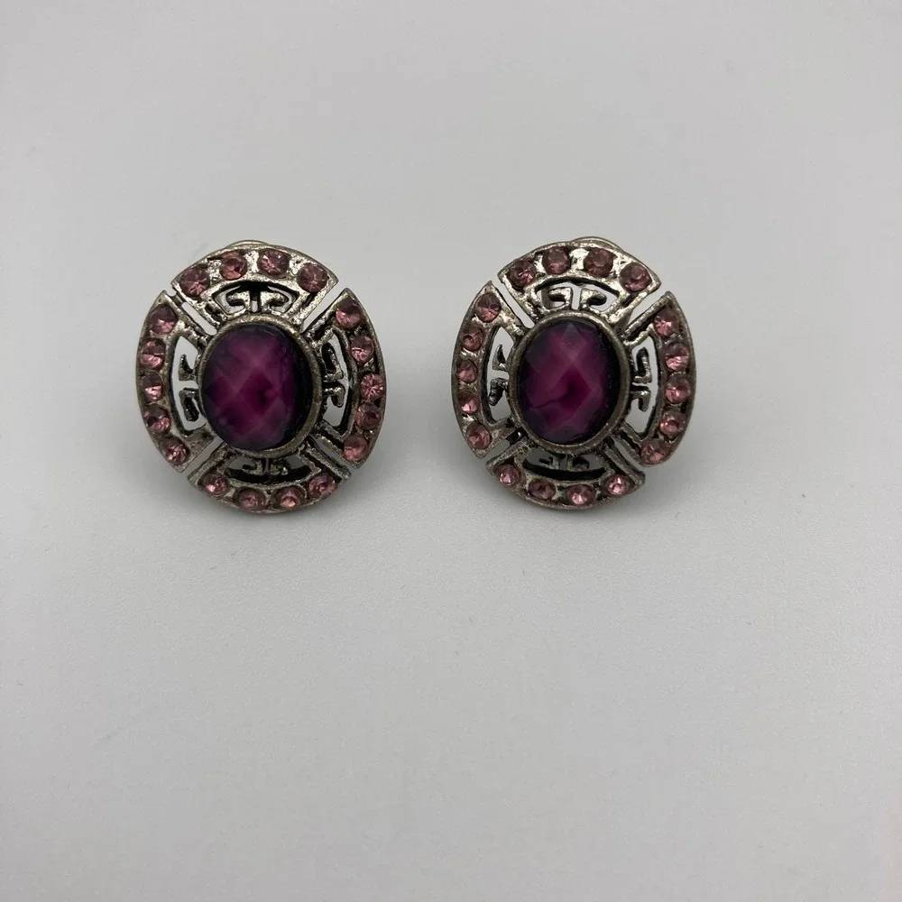 Vintage Style Purple Cabochon Pink Rhinestone Silver Tone Clip On Post Earrings